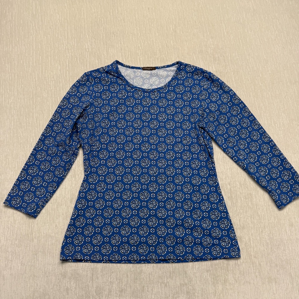 J. McLaughlin Stretch Top Womens Small Blue Medallion Print 3/4 Sleeve Blouse
